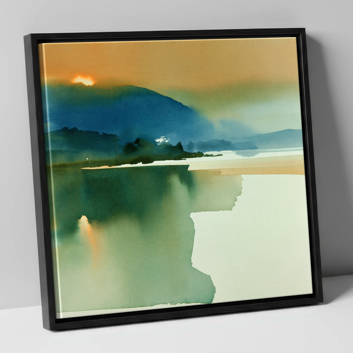 Teal and Gold Lake Sunset lake district lake canvas wall art in black frame