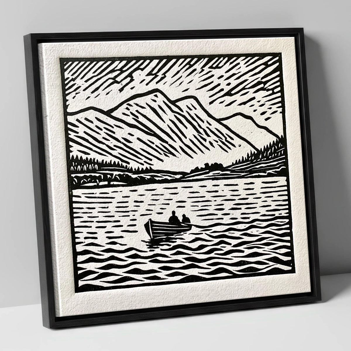 Coniston Water in Bold Monochrome lake district lake canvas wall art in black frame