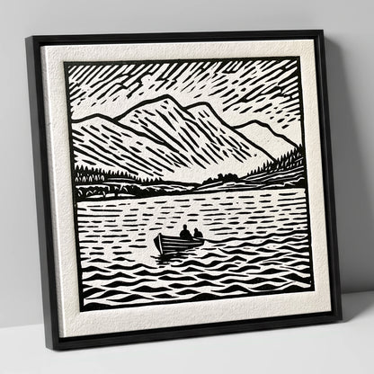 Coniston Water in Bold Monochrome lake district lake canvas wall art in black frame