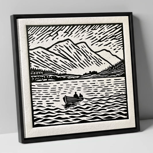 Coniston Water in Bold Monochrome lake district lake canvas wall art in black frame