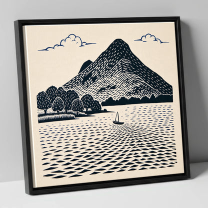 Graphic Catbells and Sailing Boat lake district fell canvas wall art in black frame