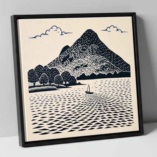 Graphic Catbells and Sailing Boat lake district fell canvas wall art in black frame