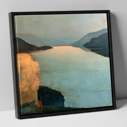 Distant Golden Light on Ullswater lake district lake canvas wall art in black frame