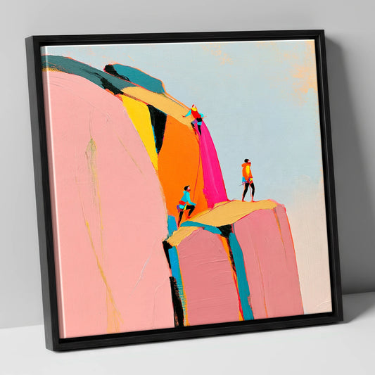 Vibrant Rock Climbers on Crag lake district walking canvas wall art in black frame