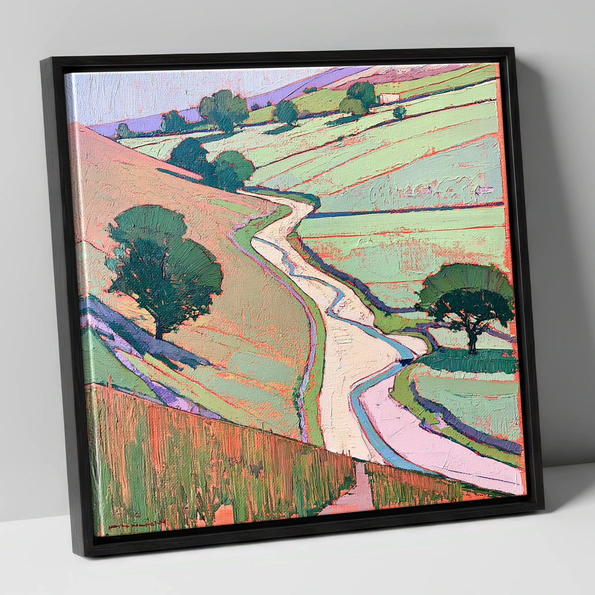 Winding River In Pastel Valley lake district waterfall canvas wall art in black frame