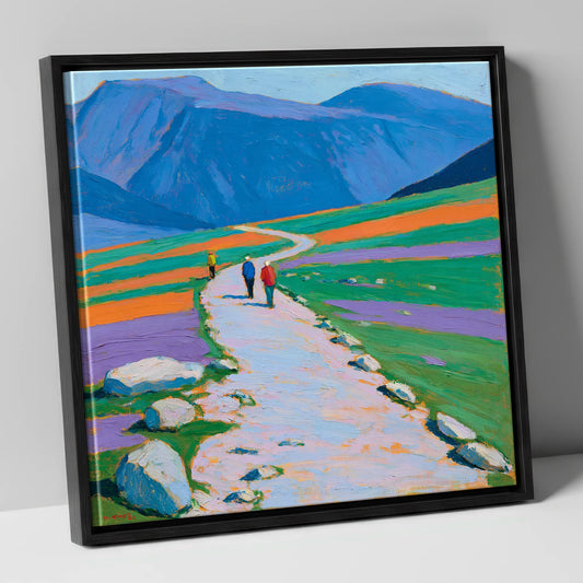 Hikers on a Vibrant Fell Path lake district fell canvas wall art in black frame