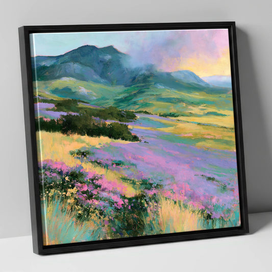 Vivid Heather on Lakeland Fells lake district wildflower canvas wall art in black frame