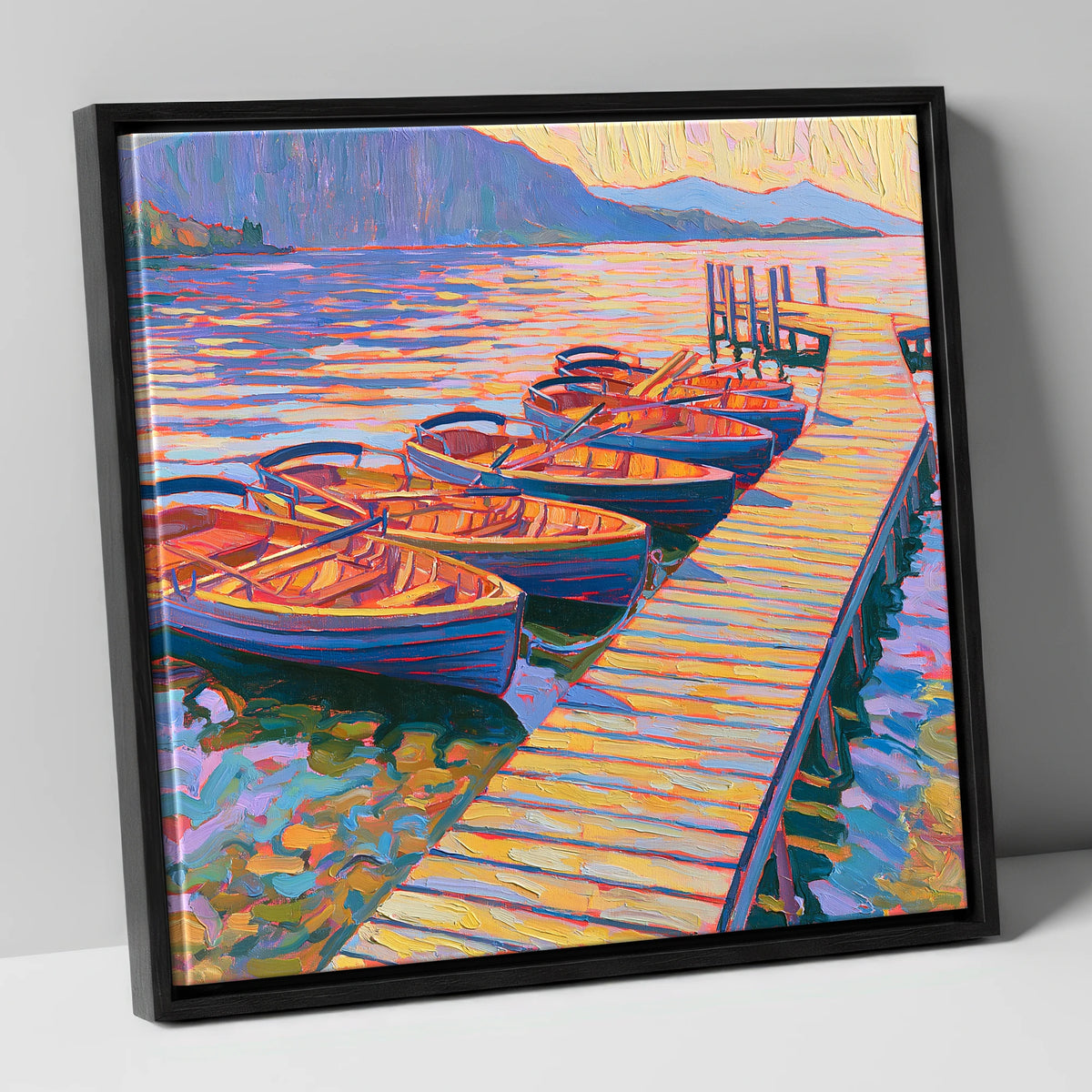 Vibrant Windermere Rowing Boats lake district lake canvas wall art in black frame