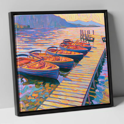 Vibrant Windermere Rowing Boats lake district lake canvas wall art in black frame