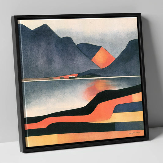 Indigo Fells and Terracotta Shores lake district lake canvas wall art in black frame