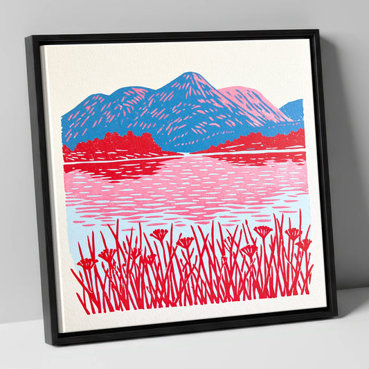 Vibrant Lake And Cobalt Fells lake district lake canvas wall art in black frame