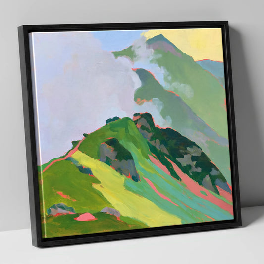Vibrant Mountain Ridge in Mist lake district fell canvas wall art in black frame