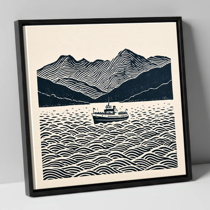 Windermere Cruiser Against Rhythmic Fells lake district lake canvas wall art in black frame