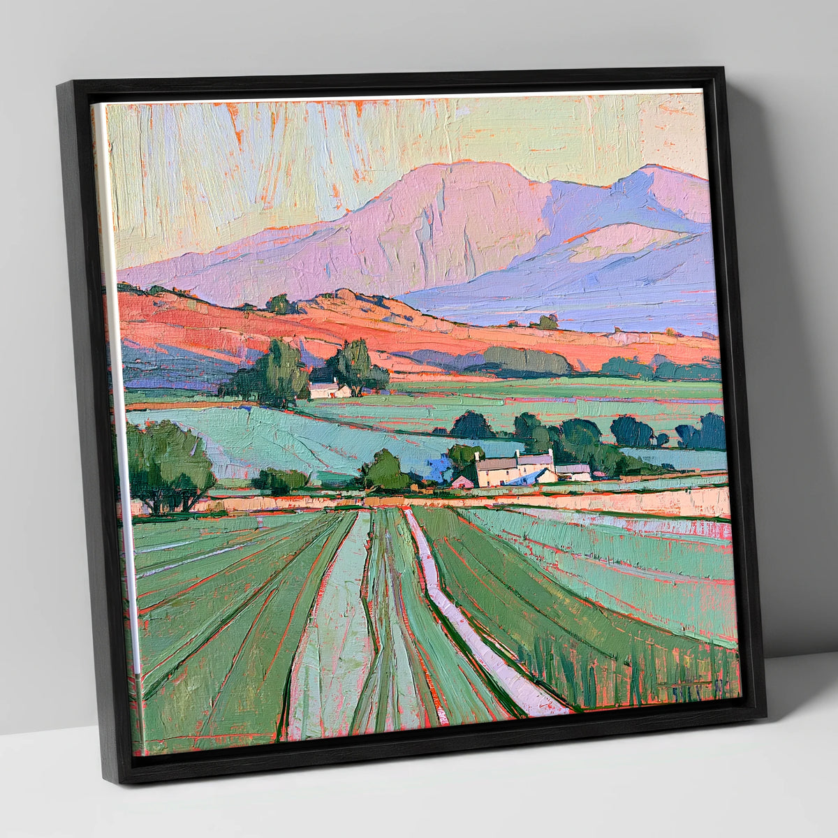 Golden Evening Fells and Farmland lake district sky canvas wall art in black frame