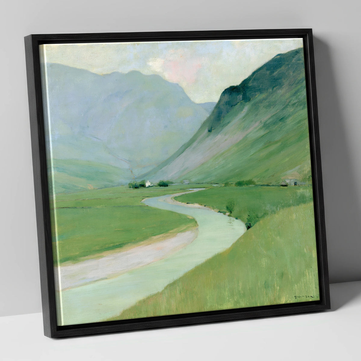 Winding River Below Pastel Fells lake district waterfall canvas wall art in black frame