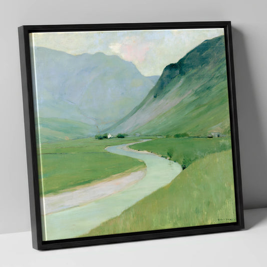 Winding River Below Pastel Fells lake district waterfall canvas wall art in black frame