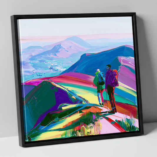 Hikers On A Vibrant Fell lake district fell canvas wall art in black frame