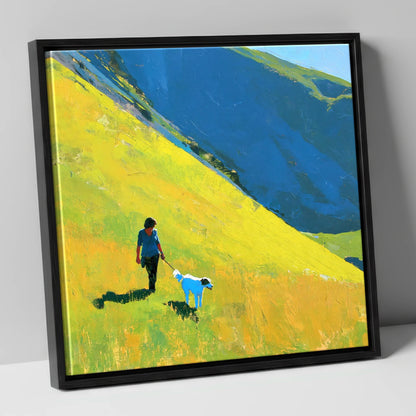 Sunlit Dog Walk on Helvellyn gifts for dog walkers canvas wall art in black frame
