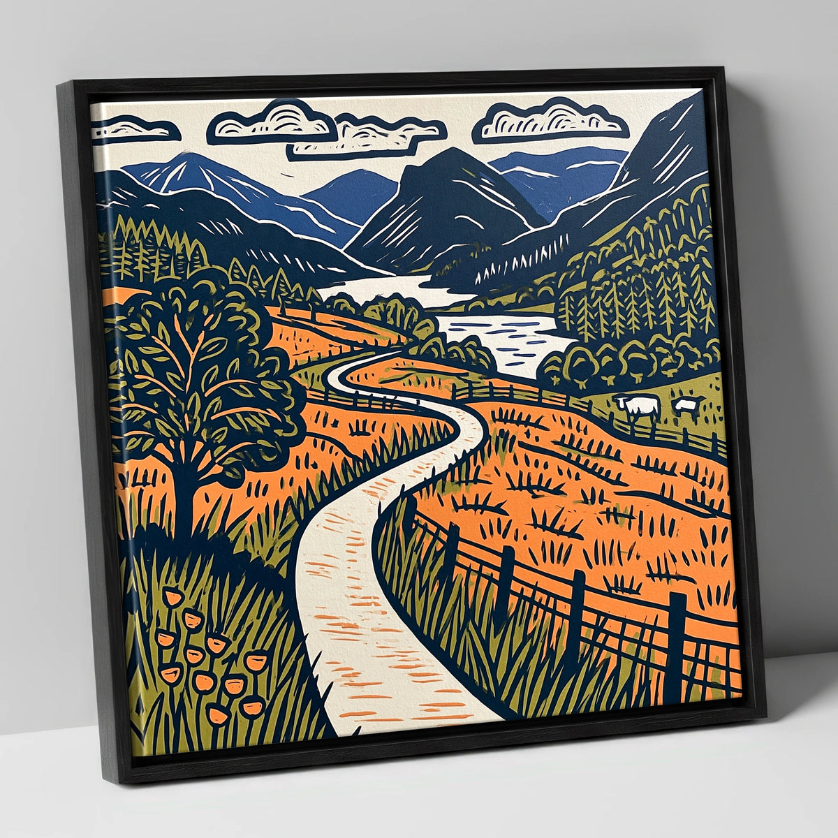 Terracotta Borrowdale Valley Path lake district valley canvas wall art in black frame
