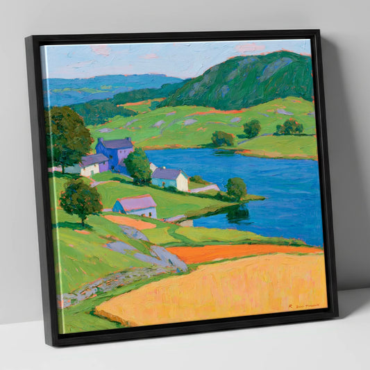 Vibrant Village on the Lakeshore lake district village canvas wall art in black frame
