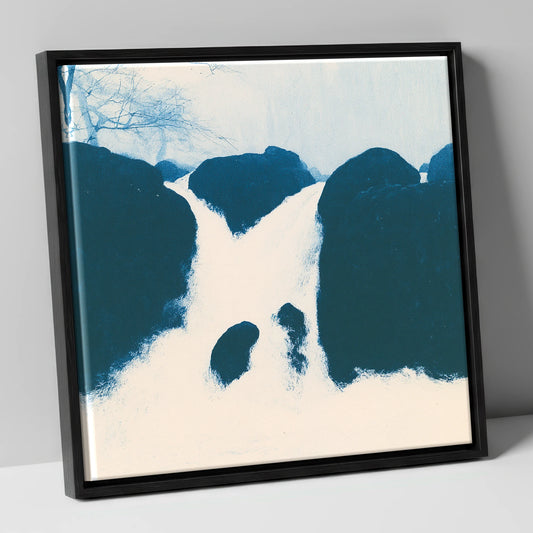 Navy Blue Waterfall Over Rocks lake district waterfall canvas wall art in black frame