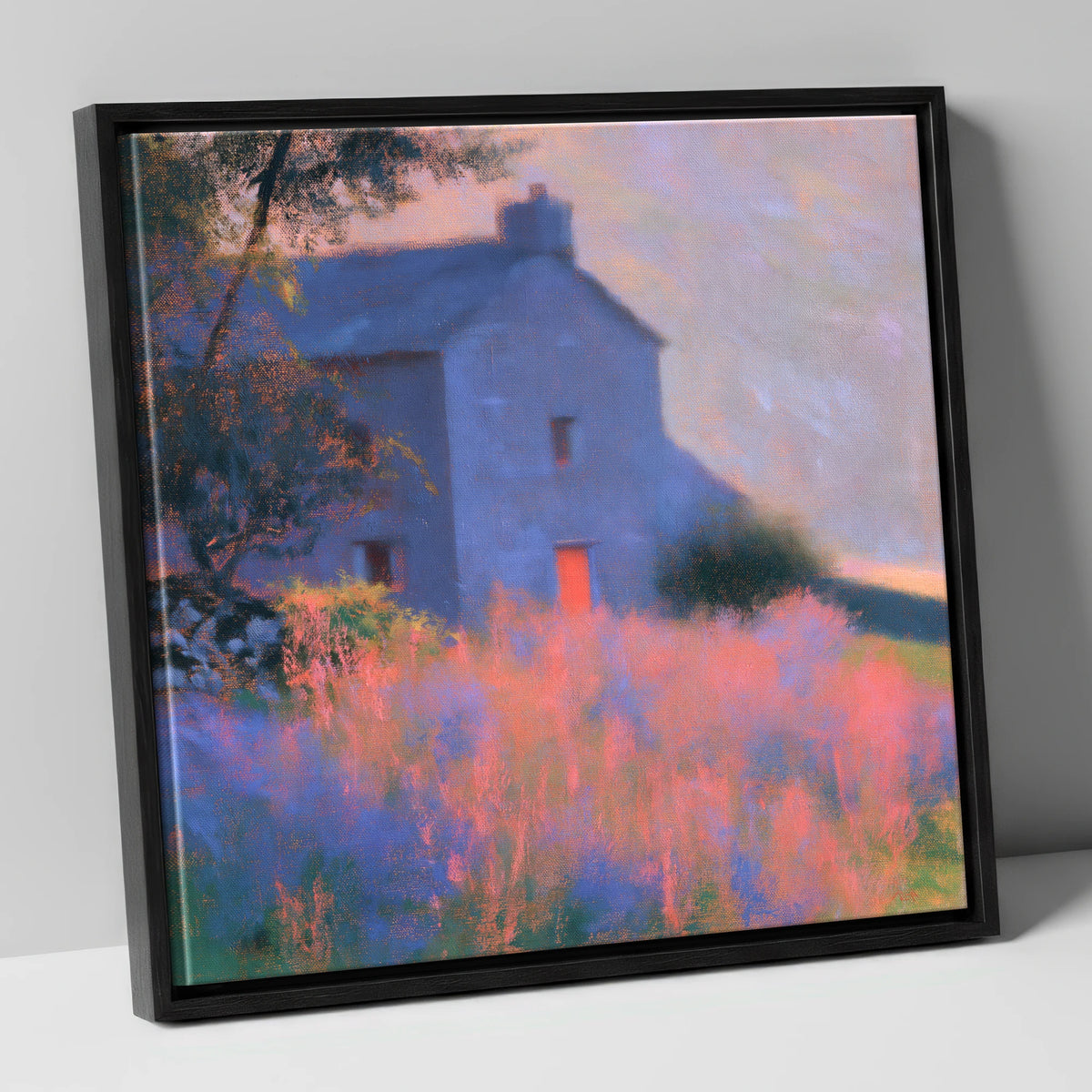 Stone Cottage in Pink Twilight lake district village canvas wall art in black frame