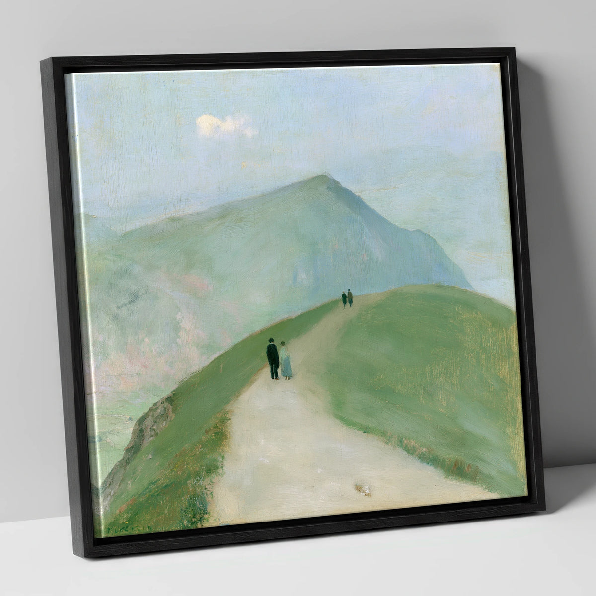 Walkers on a Mountain Ridge lake district walking canvas wall art in black frame