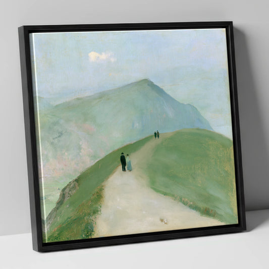 Walkers on a Mountain Ridge lake district walking canvas wall art in black frame