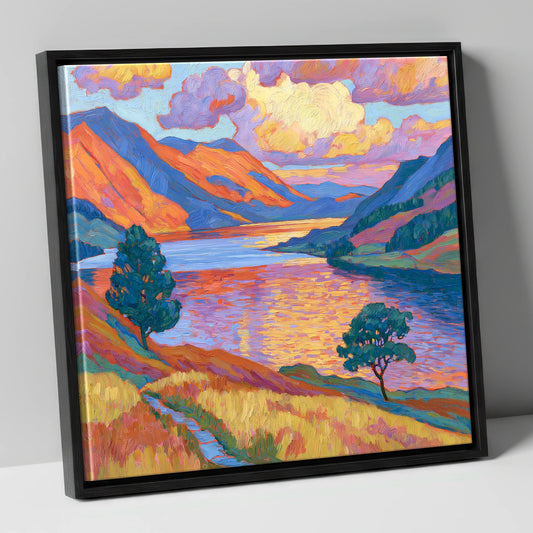 Radiant Evening Glow on the Fells lake district lake canvas wall art in black frame