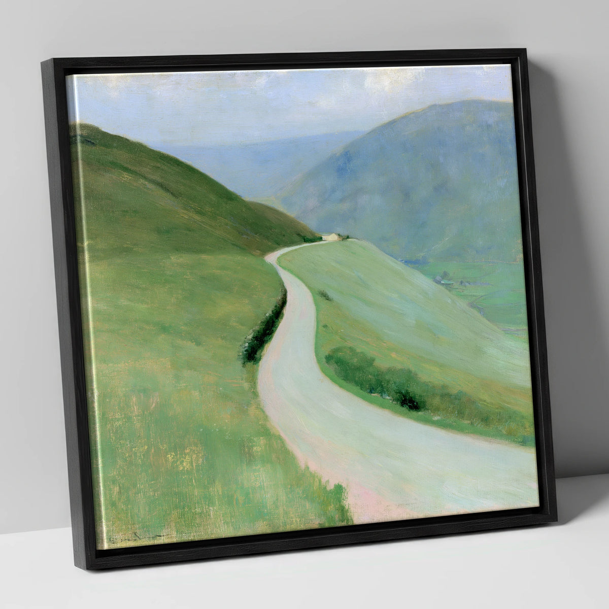 Winding Pass in Soft Greens lake district valley canvas wall art in black frame