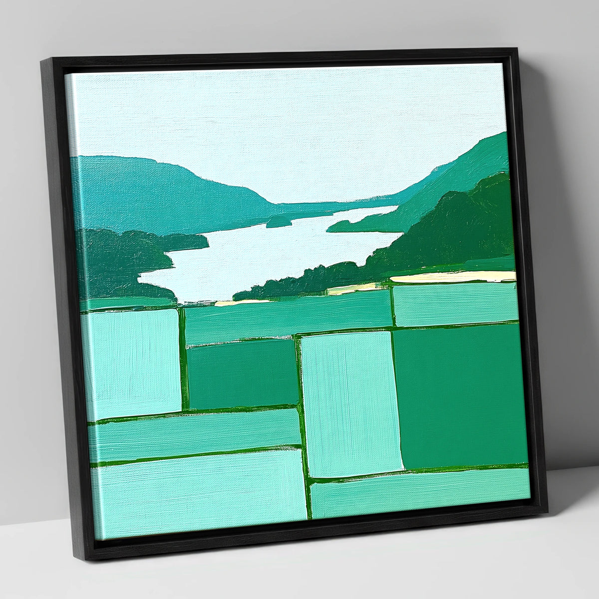 Geometric Greens Above Glenridding lake district village canvas wall art in black frame