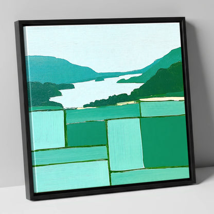 Geometric Greens Above Glenridding lake district village canvas wall art in black frame