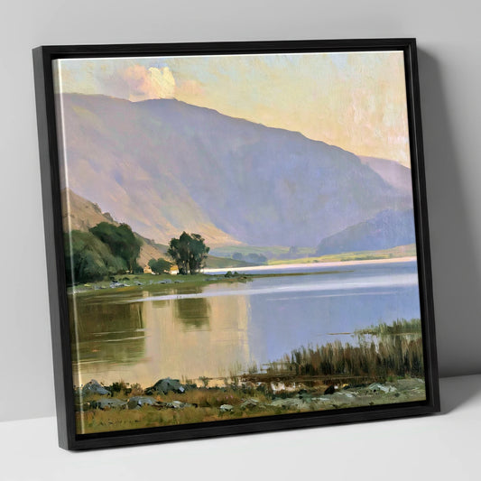 Lavender Fells Above Still Water lake district lake canvas wall art in black frame