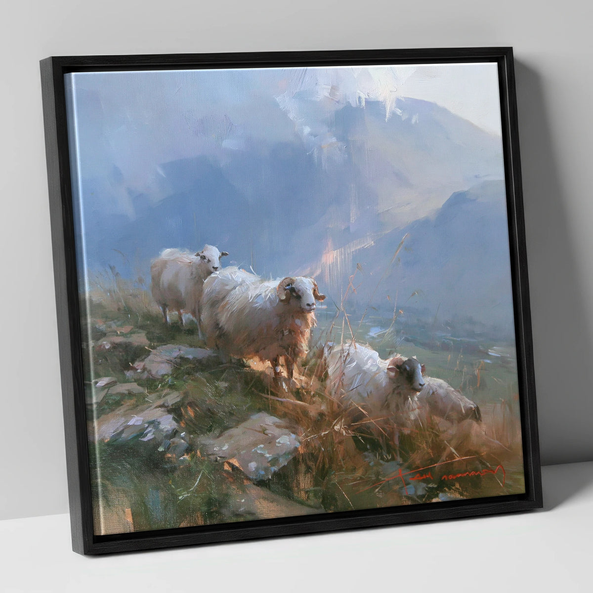Herdwick Sheep on a Sunlit Fell lake district wildlife canvas wall art in black frame
