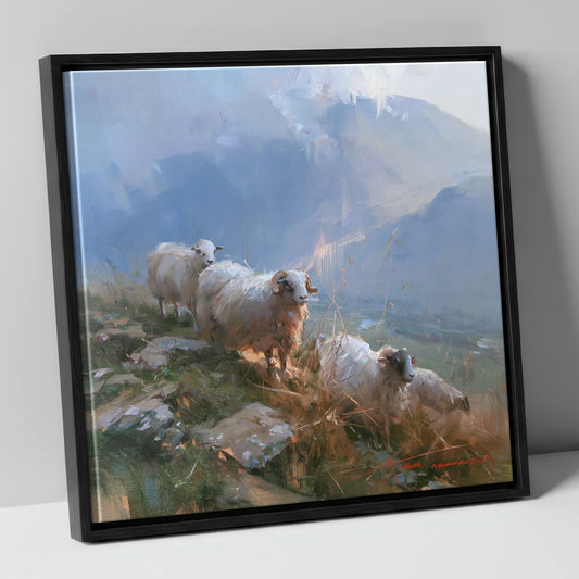 Herdwick Sheep on a Sunlit Fell lake district wildlife canvas wall art in black frame