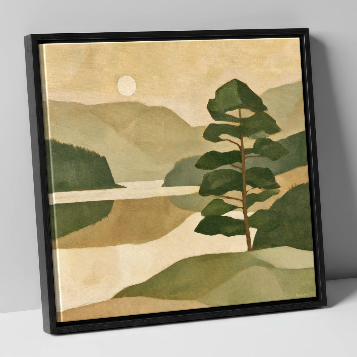 Still Lake and Pine at Dawn lake district lake canvas wall art in black frame