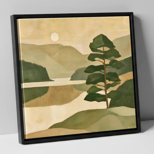 Still Lake and Pine at Dawn lake district lake canvas wall art in black frame