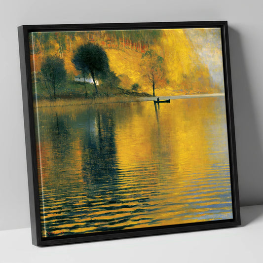 Luminous Autumn Lake with Boat lake district lake canvas wall art in black frame