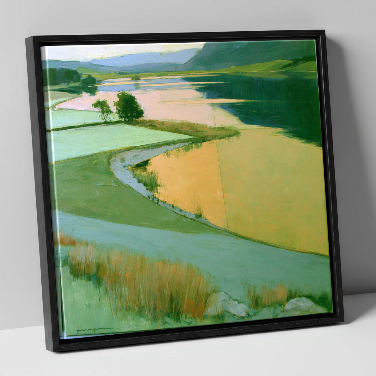 Lake and Golden Valley Fields lake district lake canvas wall art in black frame