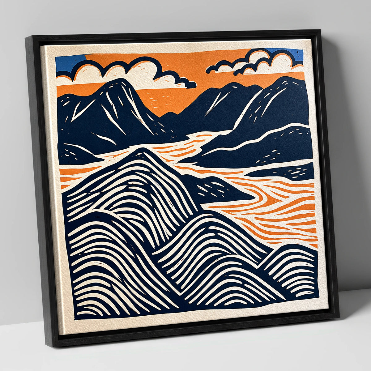 Mountain Summit in Navy and Orange lake district fell canvas wall art in black frame