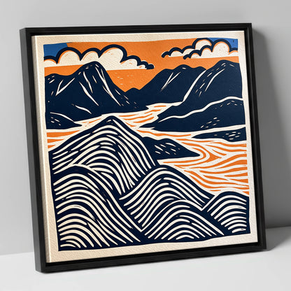 Mountain Summit in Navy and Orange lake district fell canvas wall art in black frame