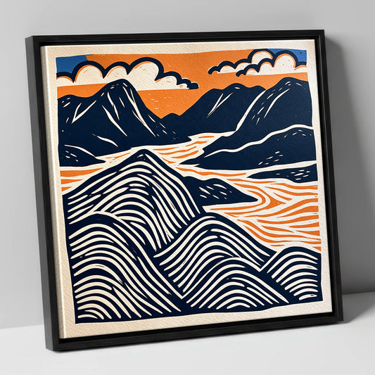Mountain Summit in Navy and Orange lake district fell canvas wall art in black frame