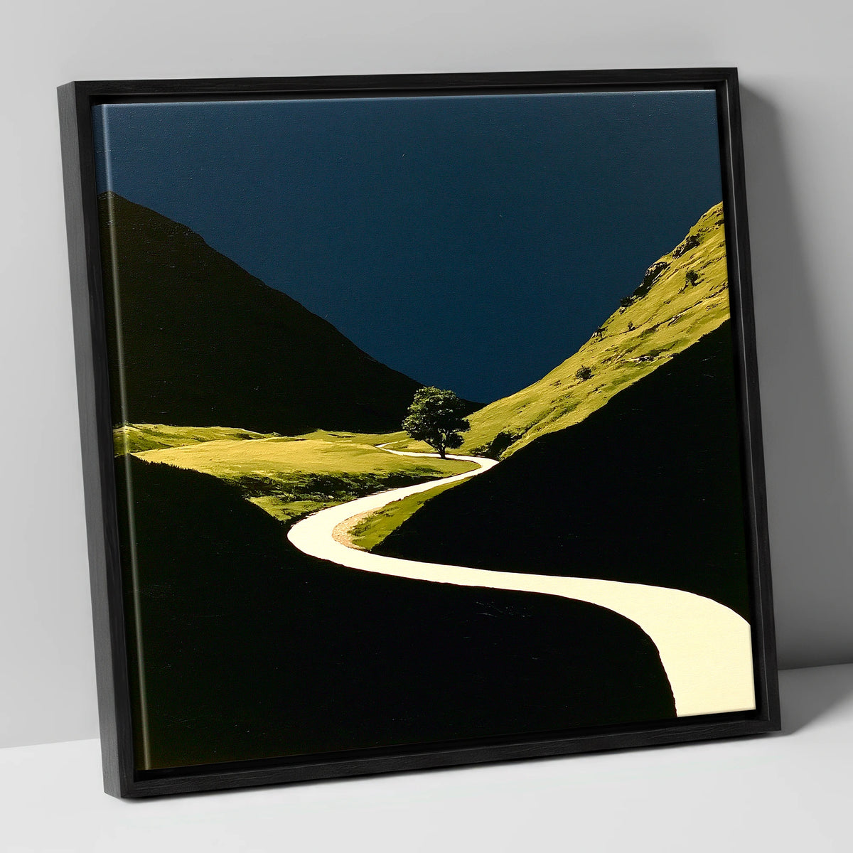 Winding River Through Dark Valley lake district waterfall canvas wall art in black frame