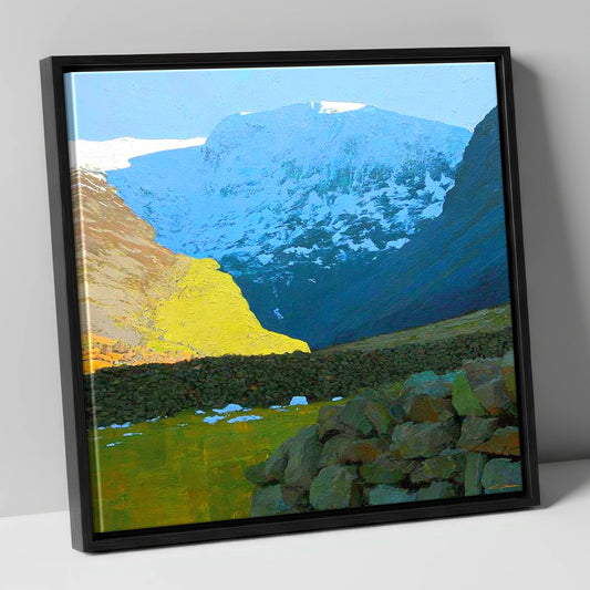 Winter Sunlight Over Seathwaite Fell lake district fell canvas wall art in black frame