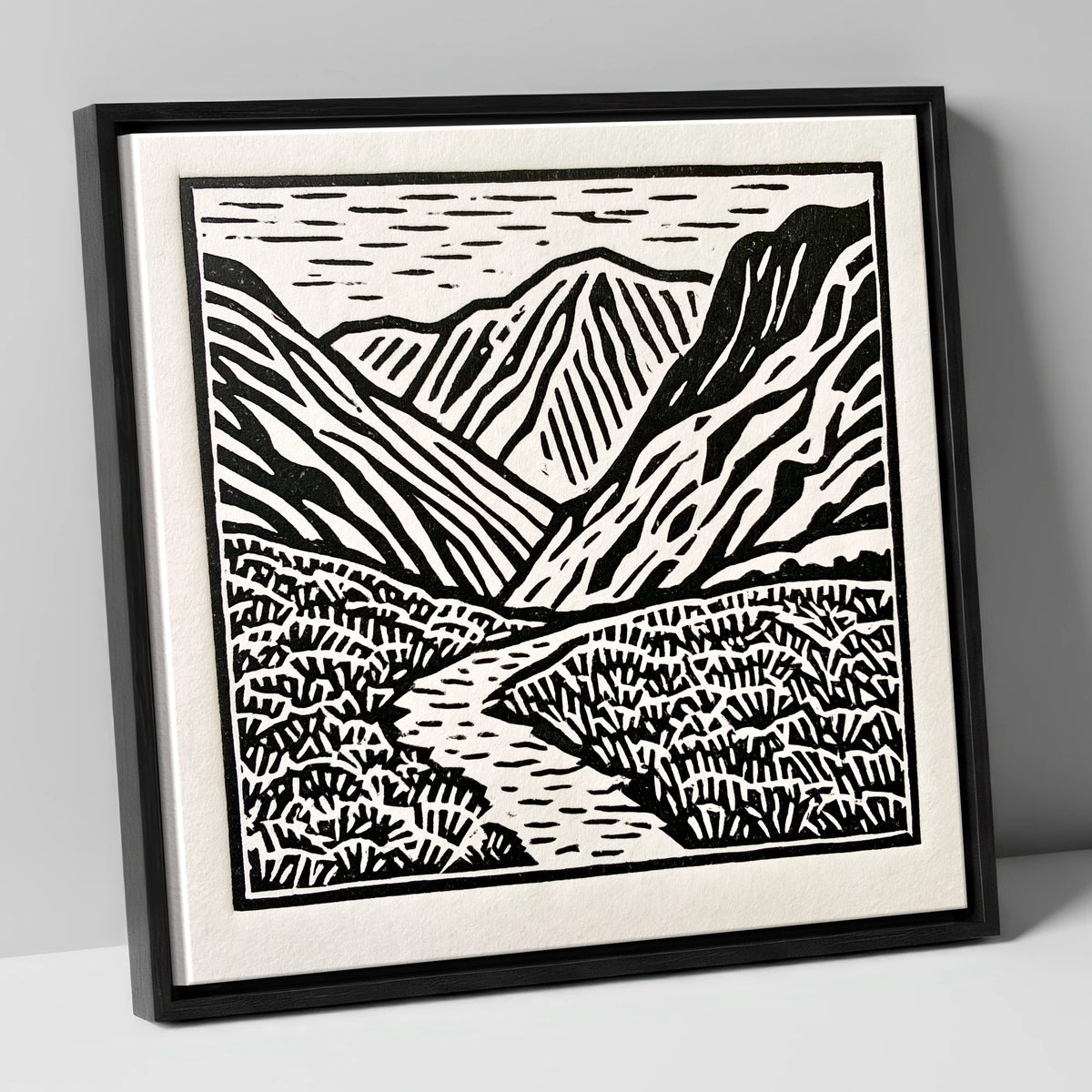 Monochrome Borrowdale Valley Fells lake district valley canvas wall art in black frame
