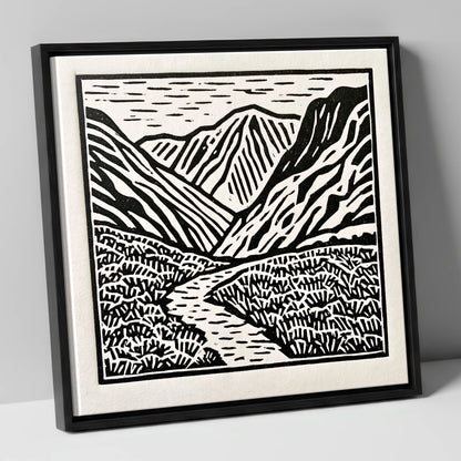 Monochrome Borrowdale Valley Fells lake district valley canvas wall art in black frame