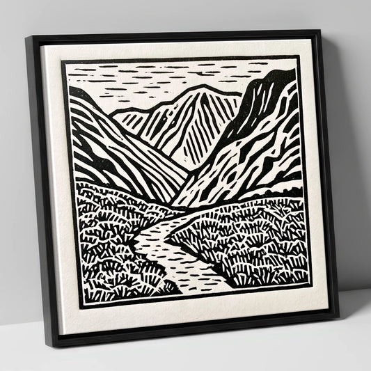 Monochrome Borrowdale Valley Fells lake district valley canvas wall art in black frame