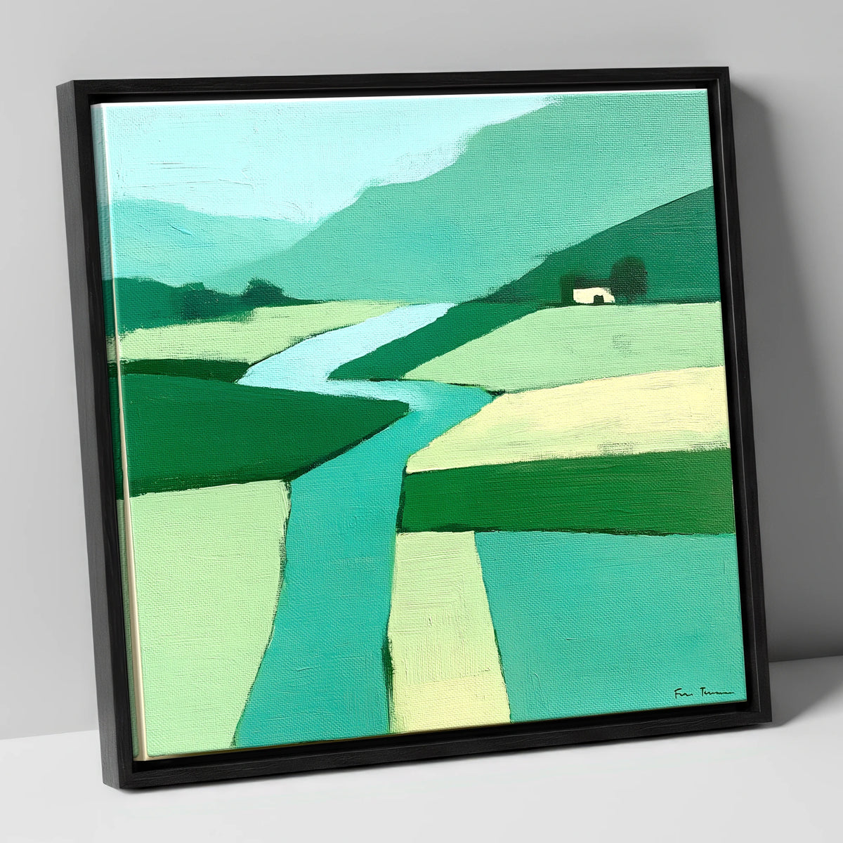 Abstract River Derwent Valley lake district waterfall canvas wall art in black frame