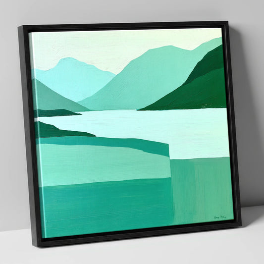 Abstract Greens of Wastwater lake district lake canvas wall art in black frame