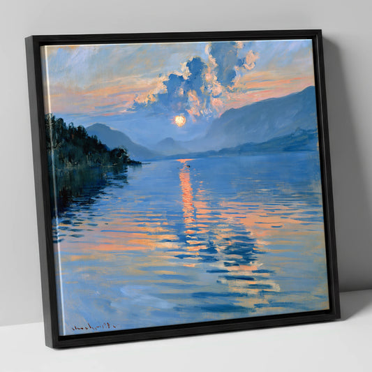 Lake Sunset with Golden Reflections lake district lake canvas wall art in black frame